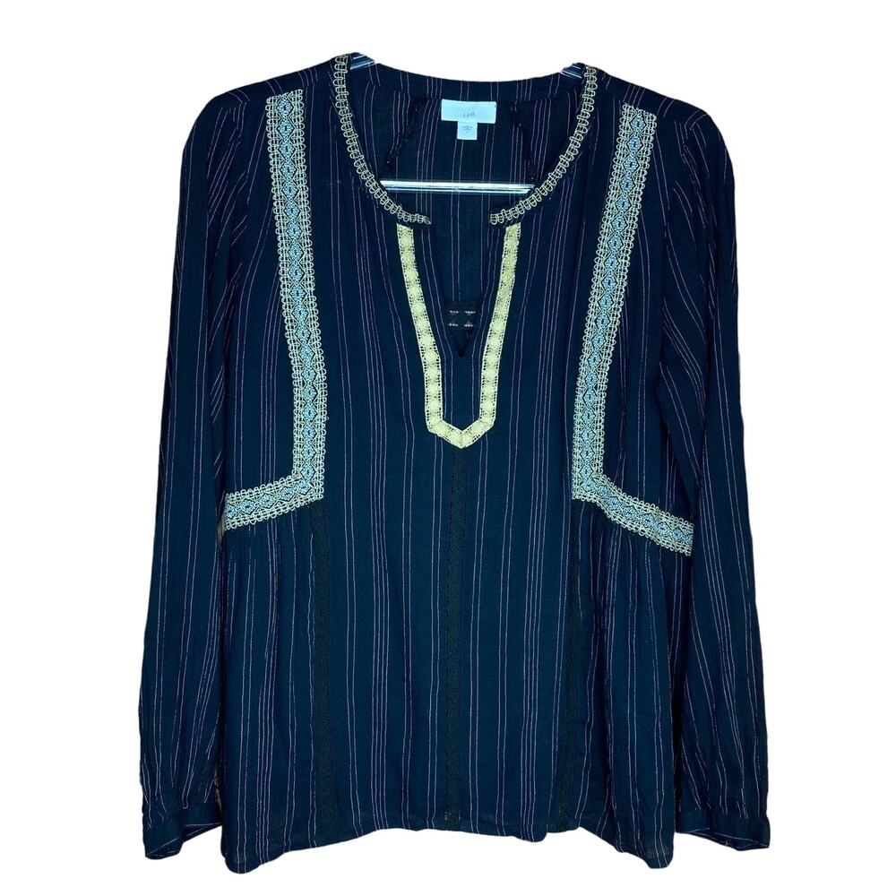 J Jill Womens Small Boho Peasant Blouse‎ Black Embroidered Lace Trim Long Sleeve